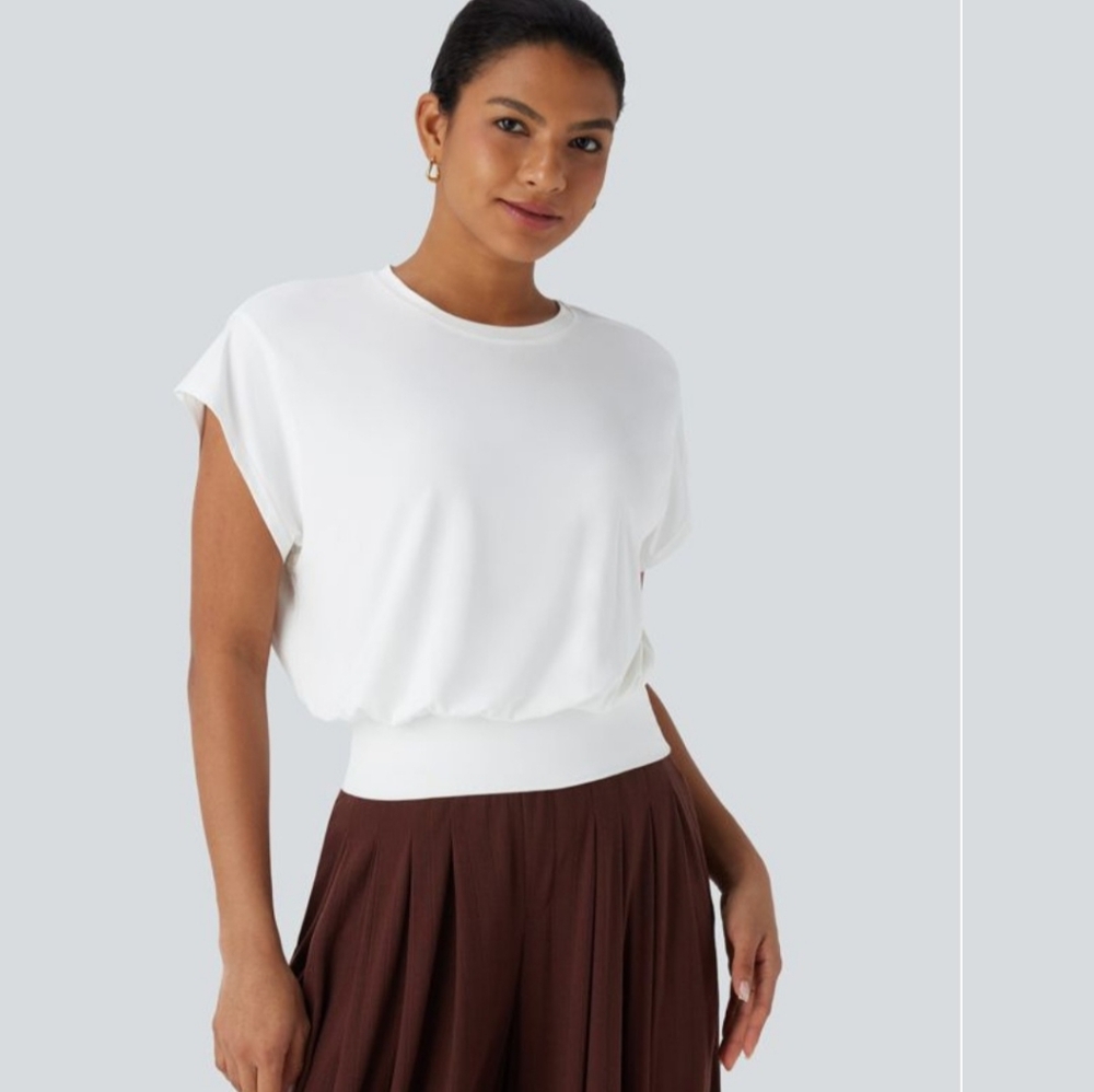 Round Neck Short Batwing Sleeve Work T-shirt